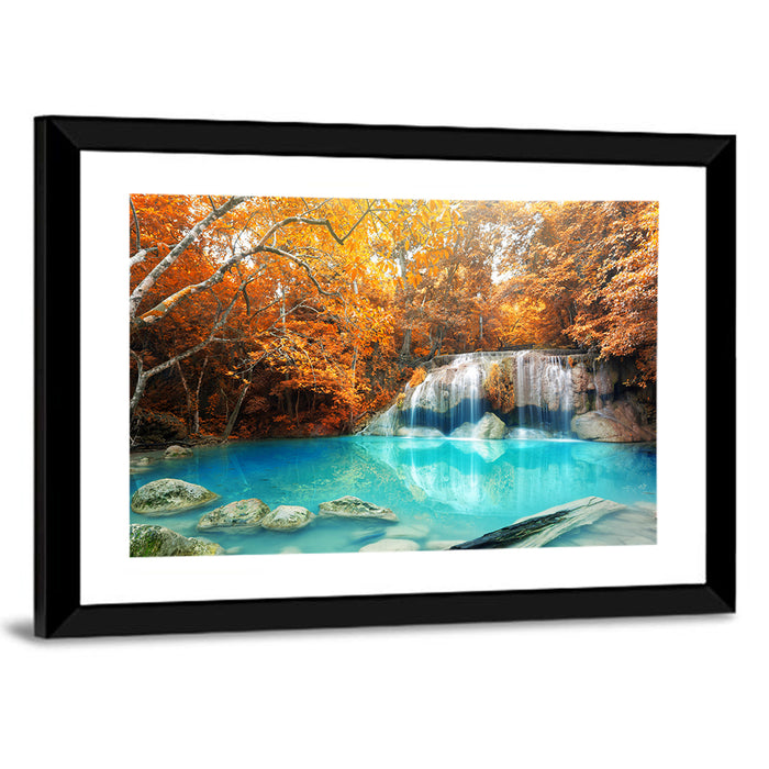 Erawan Waterfall Autumn Reflection Wall Art as a framed print