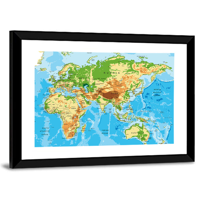 Physical World Map Wall Art as a framed print