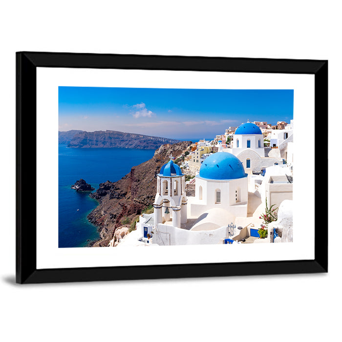 Blue Dome Churches of Oia, Santorini Wall Art as a framed print