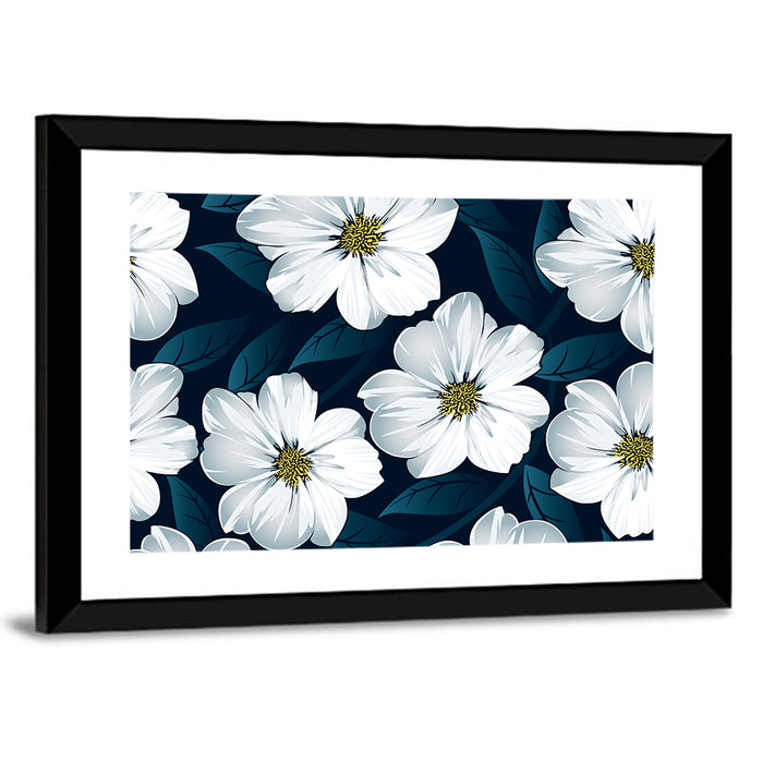 White Flowers on Navy Pattern Wall Art as a framed print