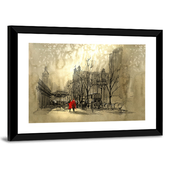 Couple in Red Coats on City Street Wall Art as a framed print