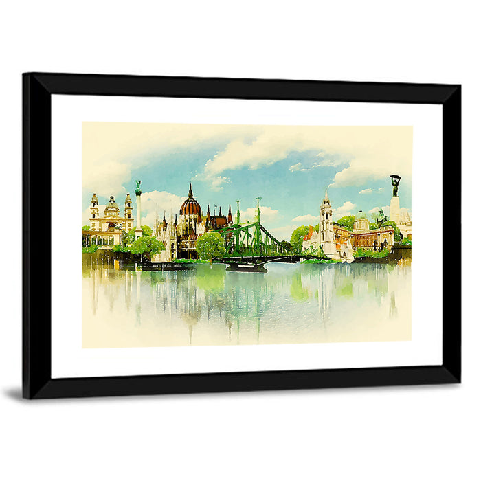 Budapest Riverfront Watercolor Wall Art as a framed print