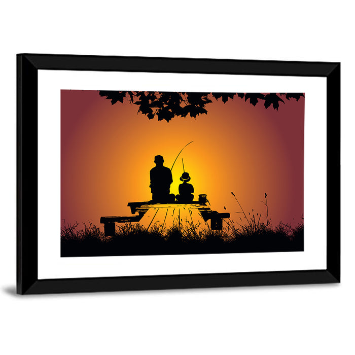 Father and Child Fishing Silhouette Wall Art as a framed print