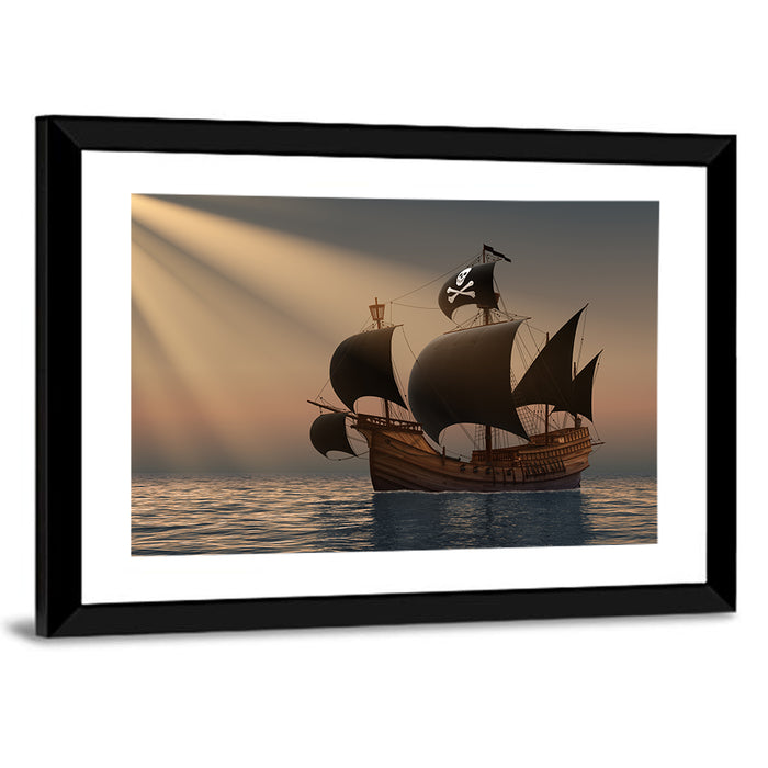Pirate Ship at Sunset Wall Art as a framed print