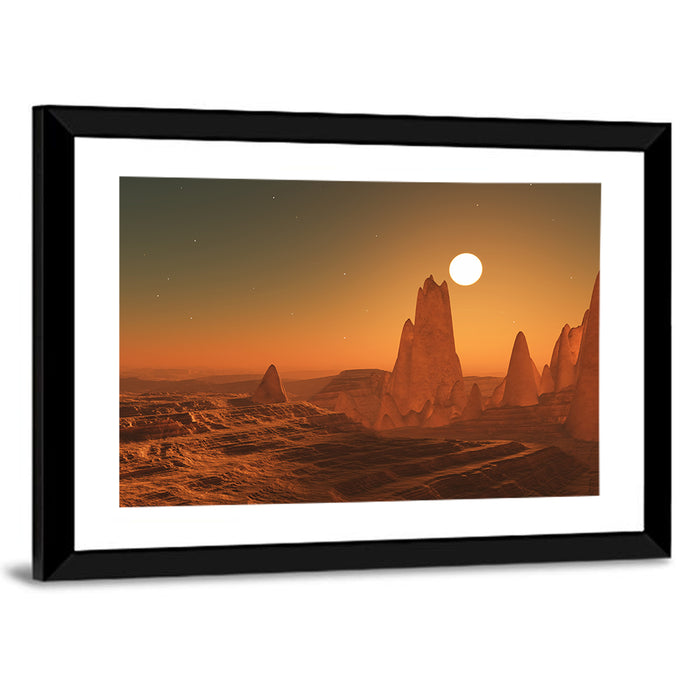 3d Surreal Alien Sunset Wall Art as a framed print