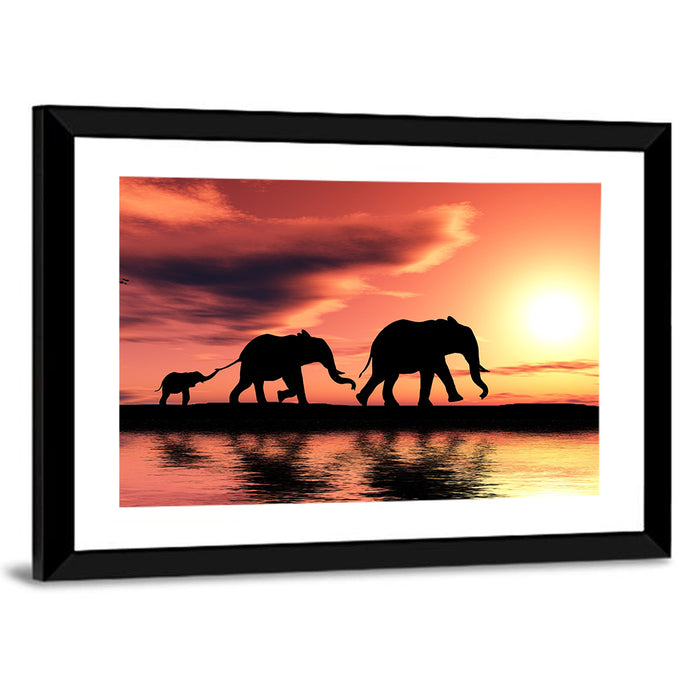 Marching Elephants at Sunset Wall Art as a framed print