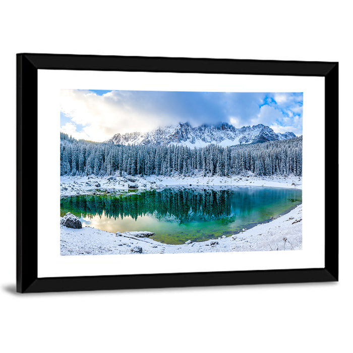 Snowy Mountain Lake Reflection Wall Art as a framed print