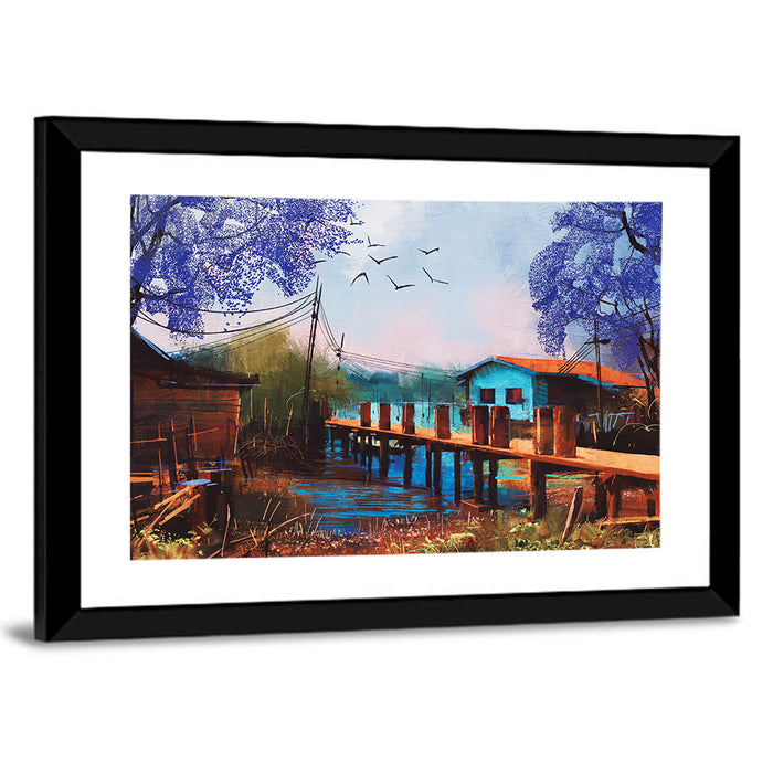 Rustic Fishing Village Pier Wall Art as a framed print