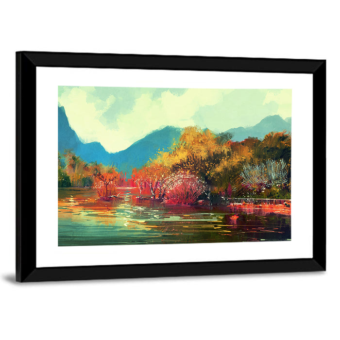 Golden Autumn Lake Reflection Wall Art as a framed print