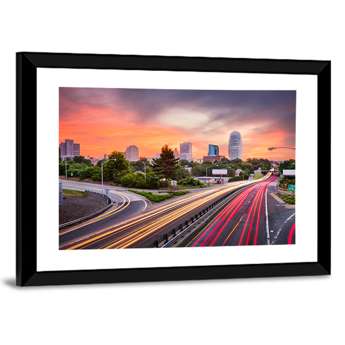 Winston-salem Dusk Skyline with Light Trails Wall Art as a framed print