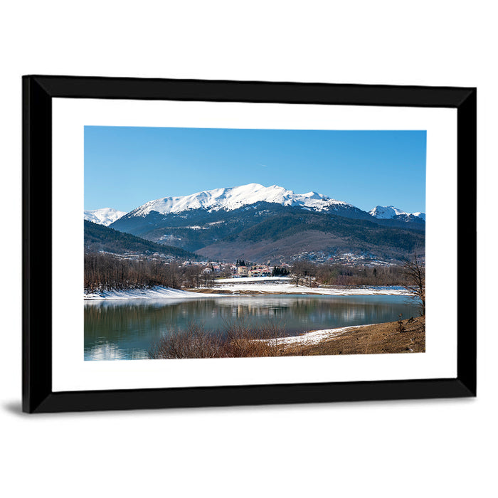 Lake Plastira Winter Landscape Wall Art as a framed print