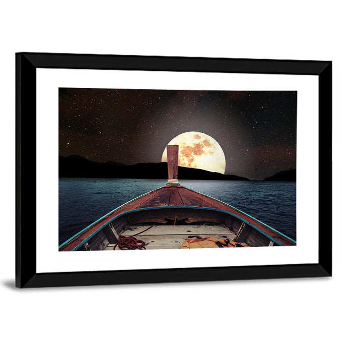 Longtail Boat Under Full Moon Wall Art as a framed print
