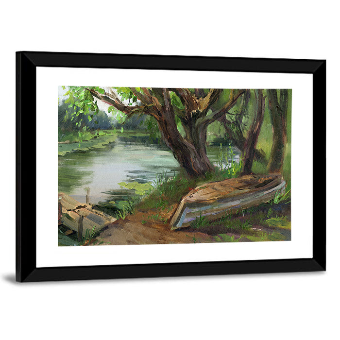 Overturned Boat on Quiet River Wall Art as a framed print