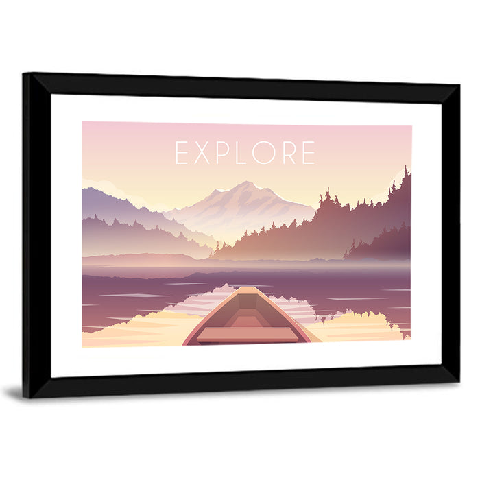 Explore Mountain Lake Sailing Illustration Wall Art as a framed print