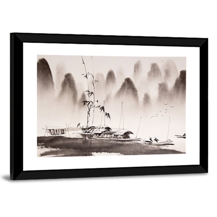 Misty Ink Wash Fishing Boats Wall Art as a framed print