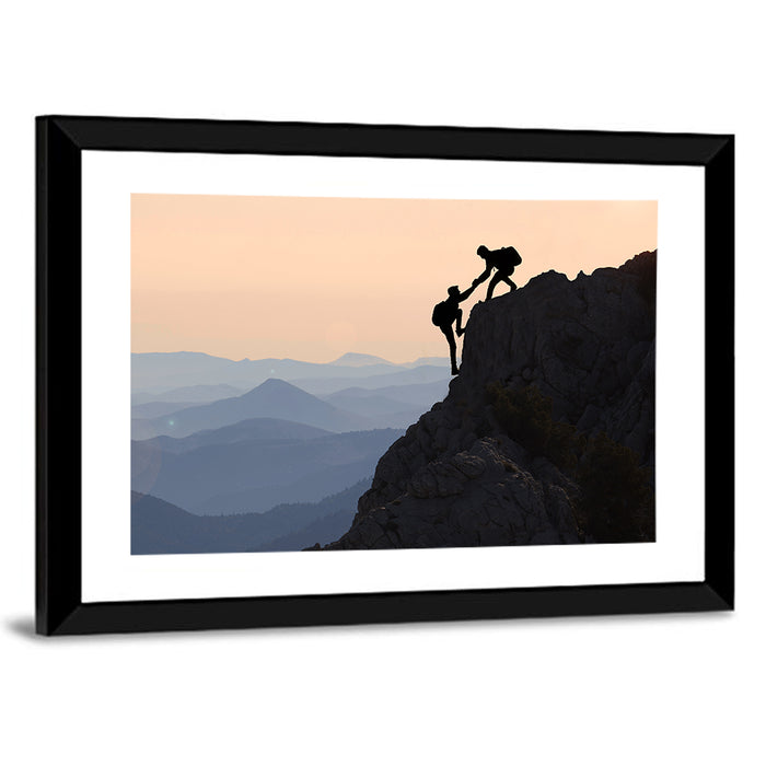 Sunset Mountaineering Silhouette Wall Art as a framed print