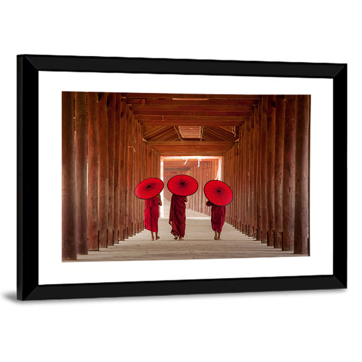 Novice Monks with Red Umbrellas Wall Art