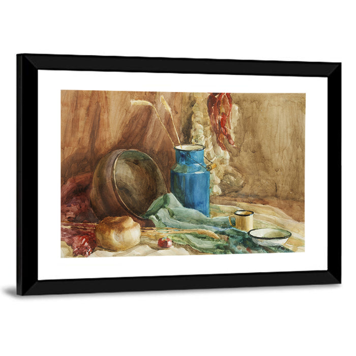 Blue Milk Can Watercolor Still Life Wall Art as a framed print