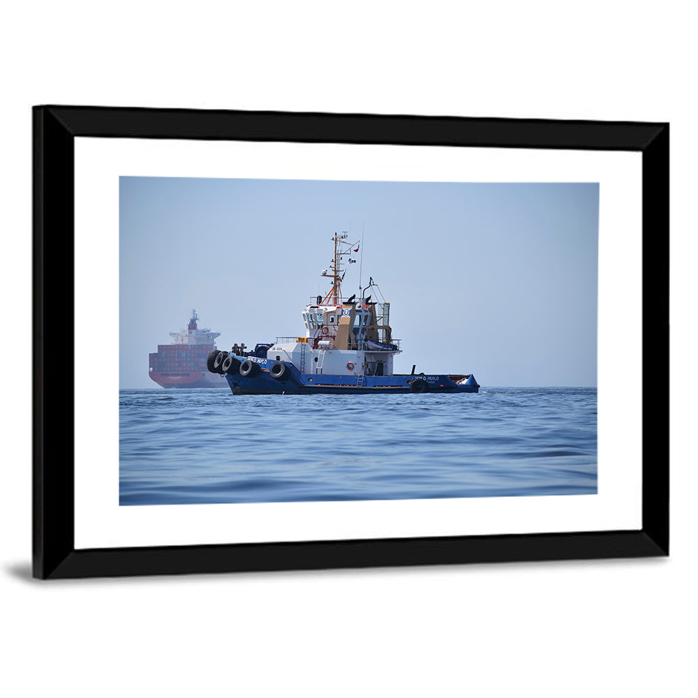 A Tugboat Near To Container Ship In Coasts Of Valparaiso Wall Art