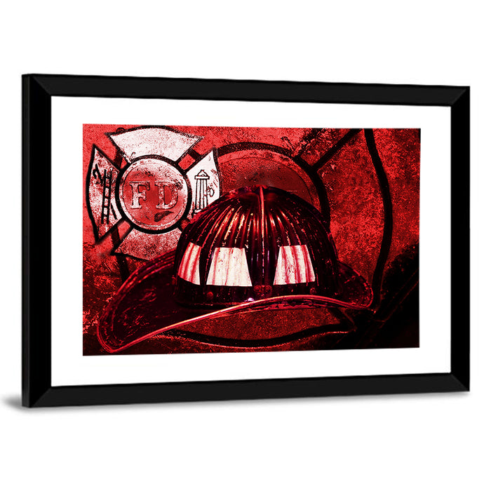 Vintage Fire Helmet with Maltese Cross Wall Art as a framed print