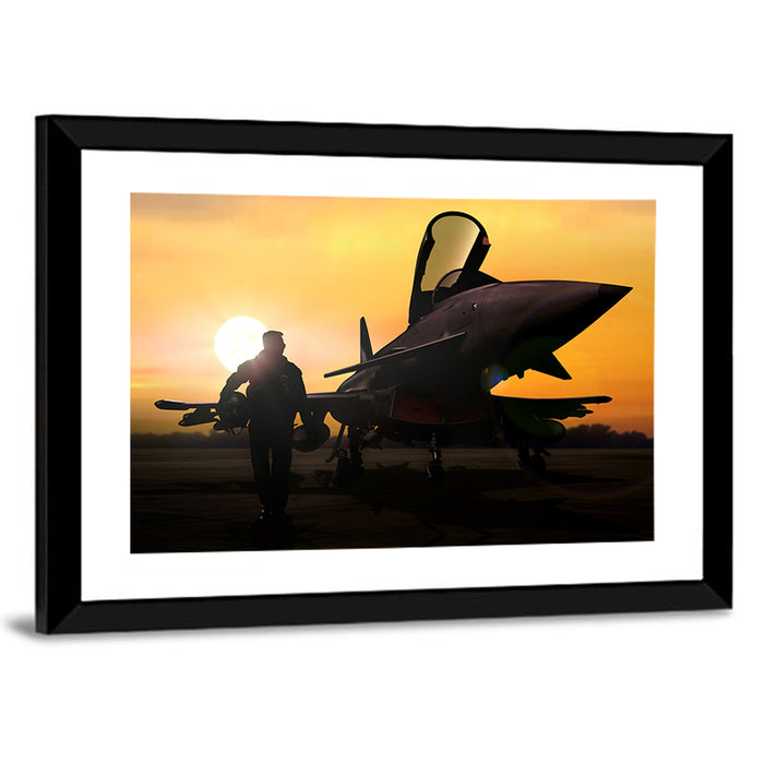 Pilot and Fighter Jet at Sunset Wall Art as a framed print