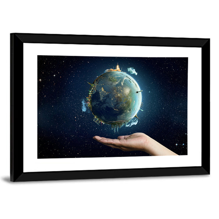 Earth Cradled in Palm with City Lights Wall Art as a framed print
