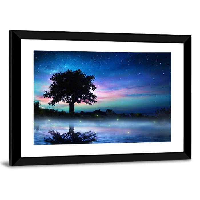 Lonely Tree Under Starry Sky Wall Art as a framed print