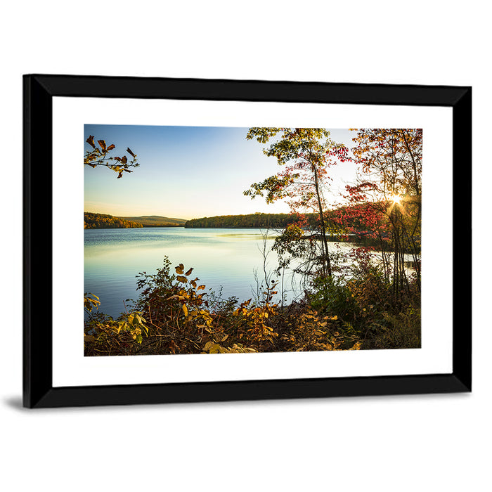 Lake Scranton Autumn Sunset Wall Art as a framed print