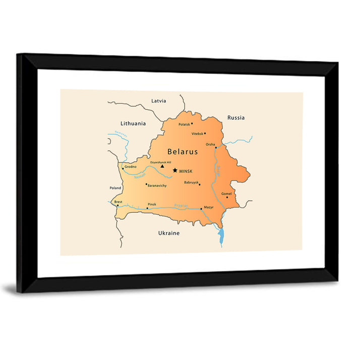 Belarus Cartographic Map Wall Art as a framed print