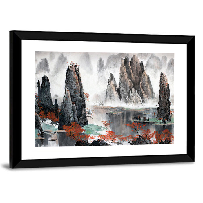Autumn Mist Over Mountain Lake Wall Art as a framed print
