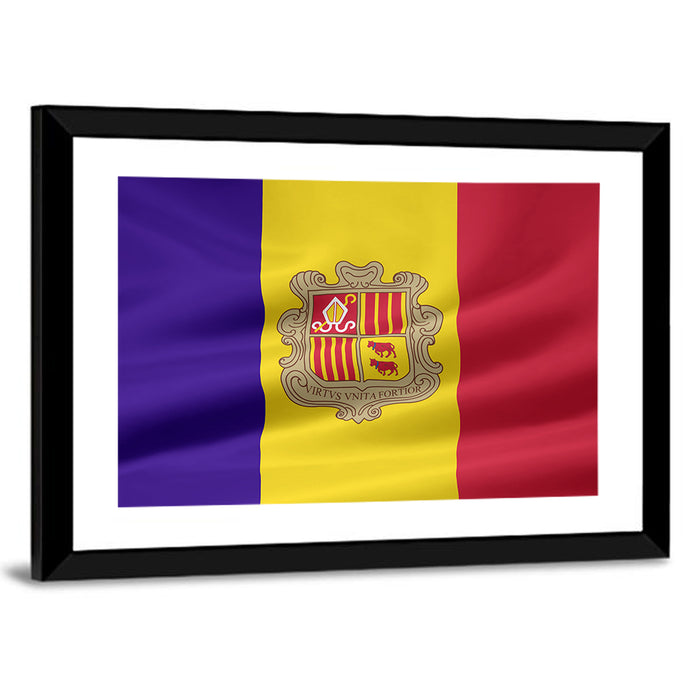 Andorra Flag with Coat of Arms Wall Art as a framed print