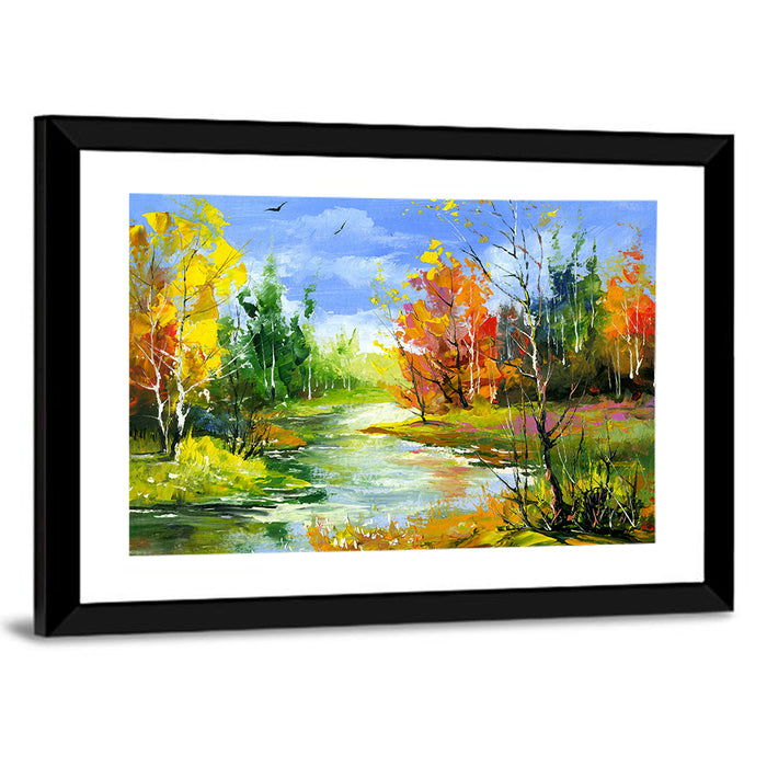 Winding Autumn Stream Wall Art as a framed print