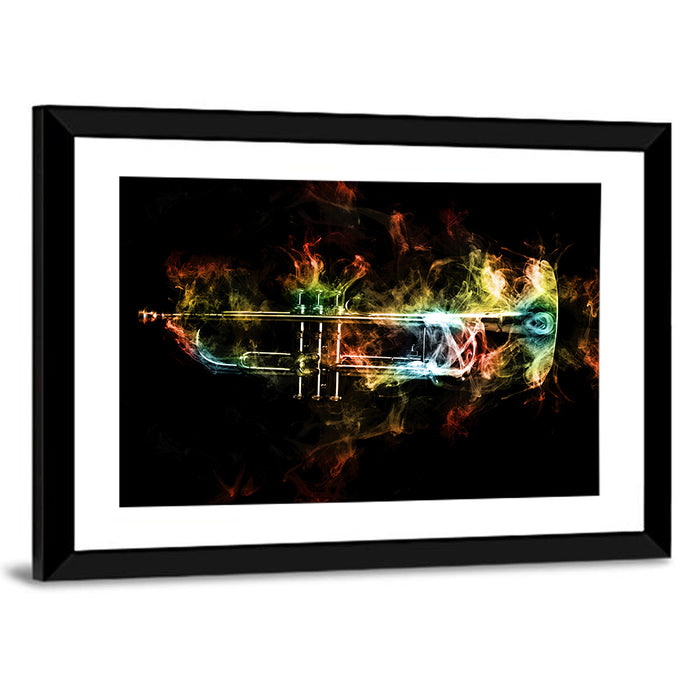 Brass Trumpet with Vibrant Smoke Wall Art as a framed print