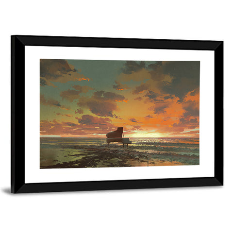 Piano on the Beach at Sunset Wall Art
