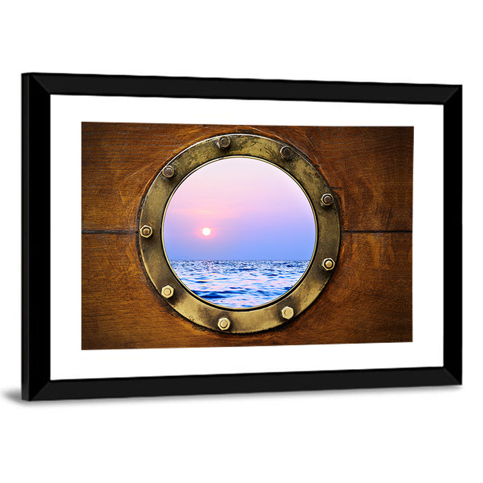 Brass Porthole with Sunset Horizon Wall Art as a framed print