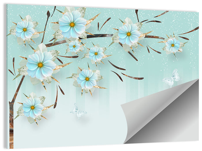 Ethereal Blue Floral Branch Wall Art as a poster print