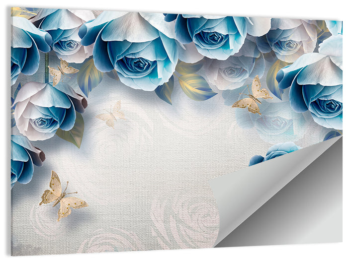 Blue Rose Border with Gold Butterflies Wall Art as a poster print