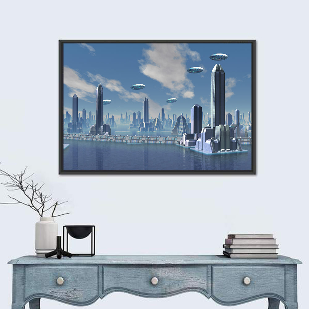 UFO Over Futuristic Alien City Wall Art