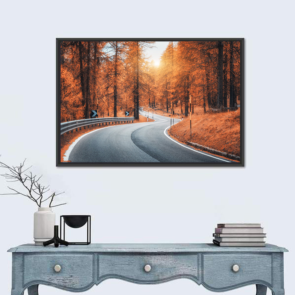 Road In Autumn Forest At Sunset Wall Art