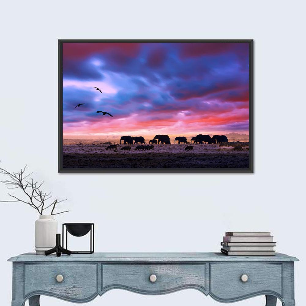 Elephants In Savannah Sunset Wall Art