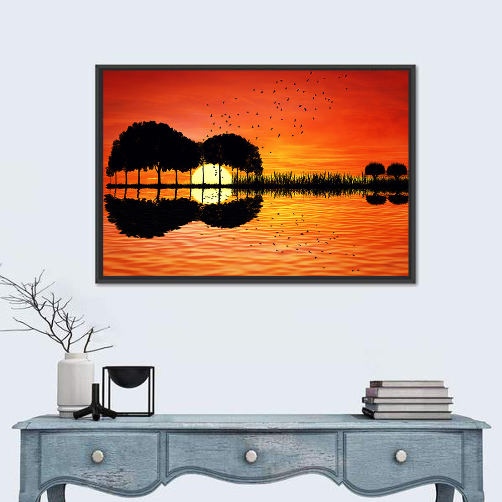 Trees Sunset On Lake Bank Wall Art