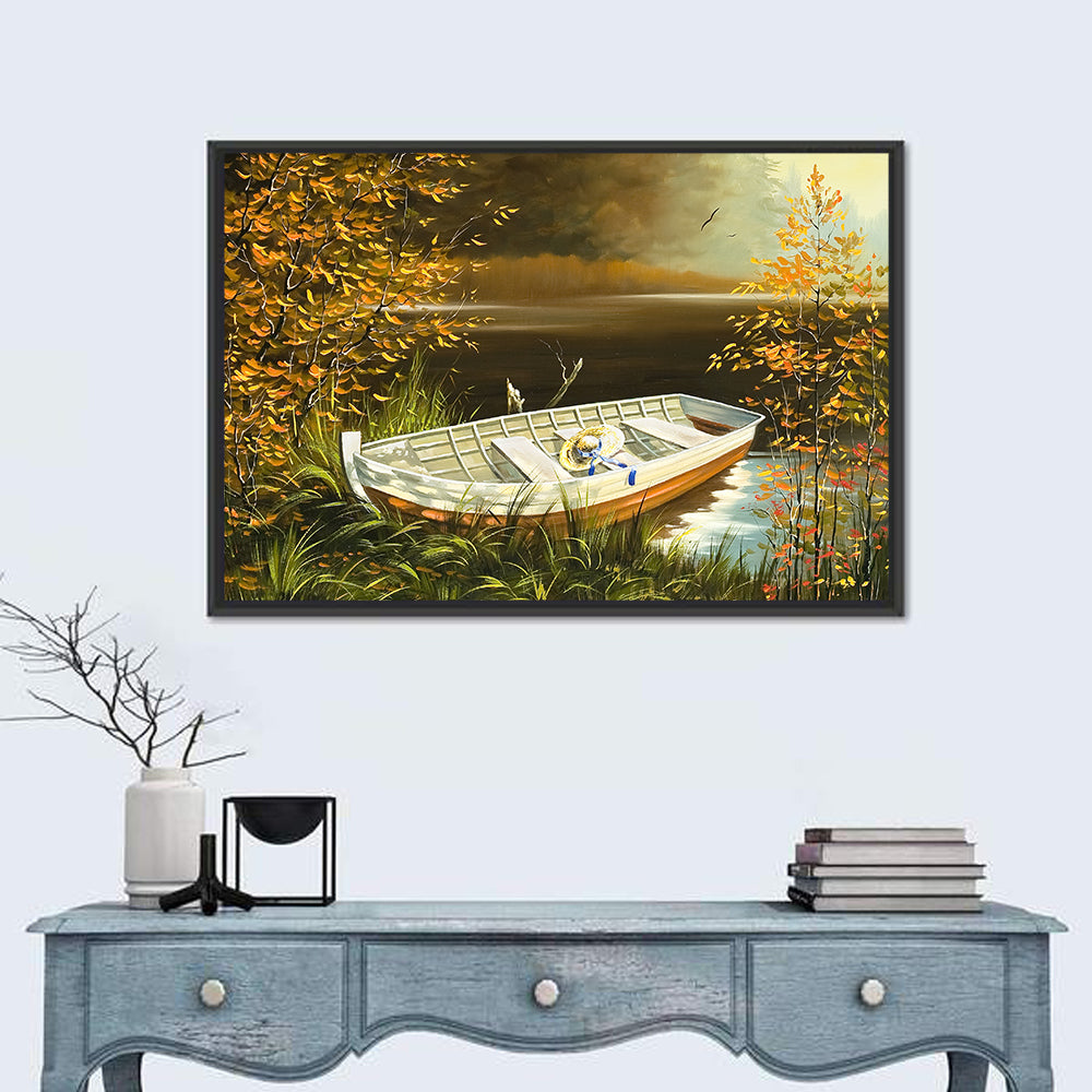 Wooden Boat On Bank Of Lake Wall Art