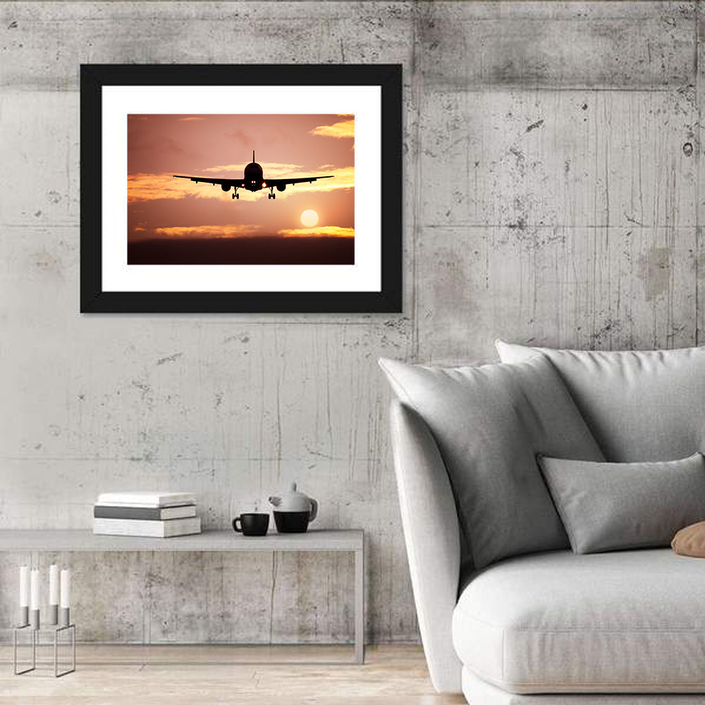 Plane In The Sunset Sky Wall Art