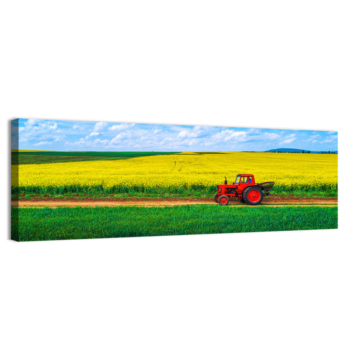 Red Tractor Over Yellow Rapeseed Field Wall Art as a canvas print