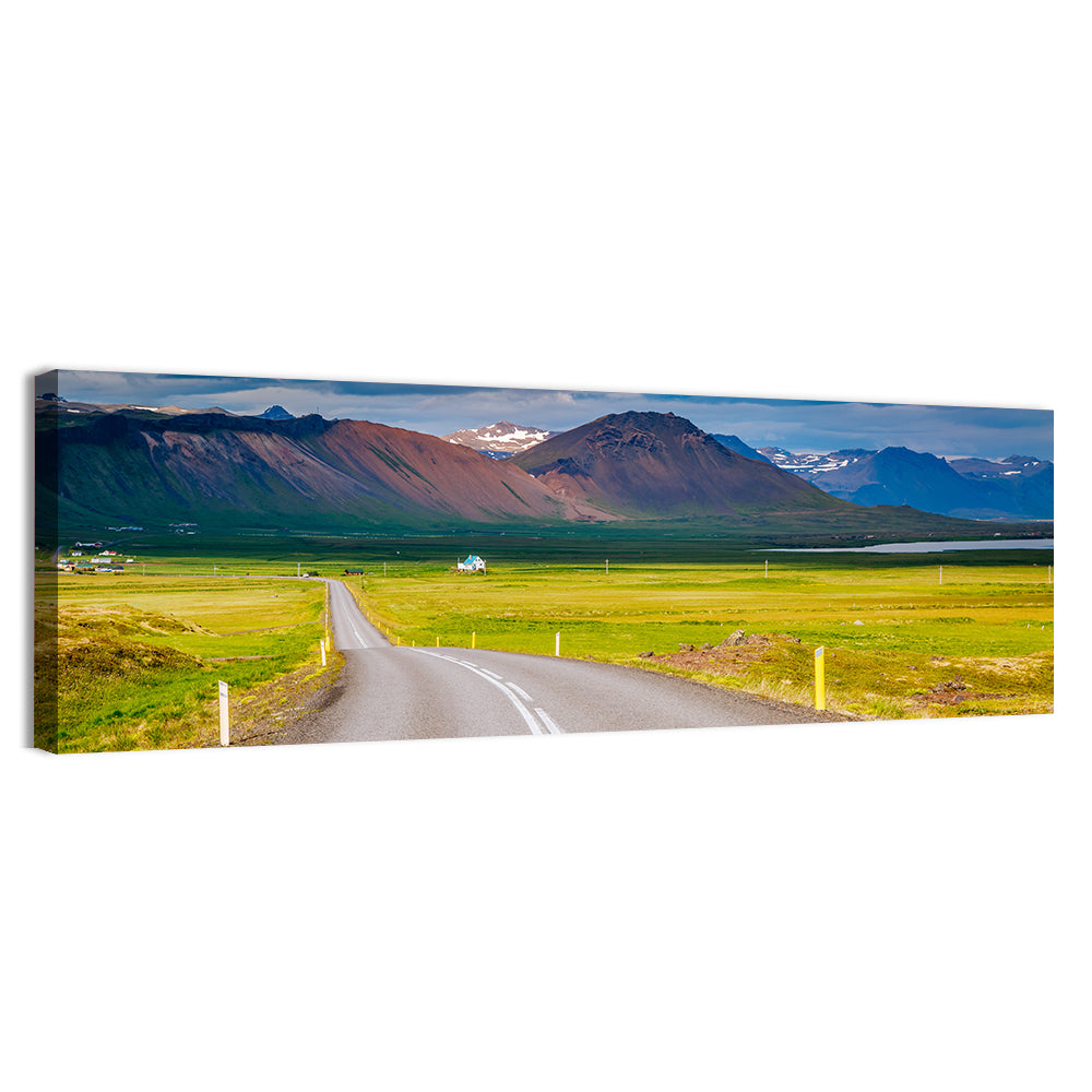 Icelandic Winding Road Toward Mountains Wall Art, canvas print, panoramic