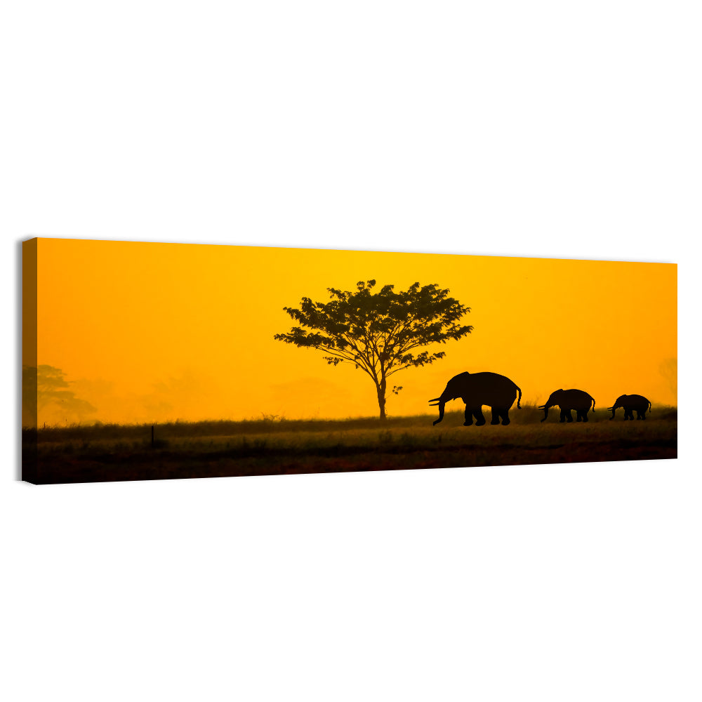 Thailand Elephant Silhouettes Wall Art, canvas print, panoramic