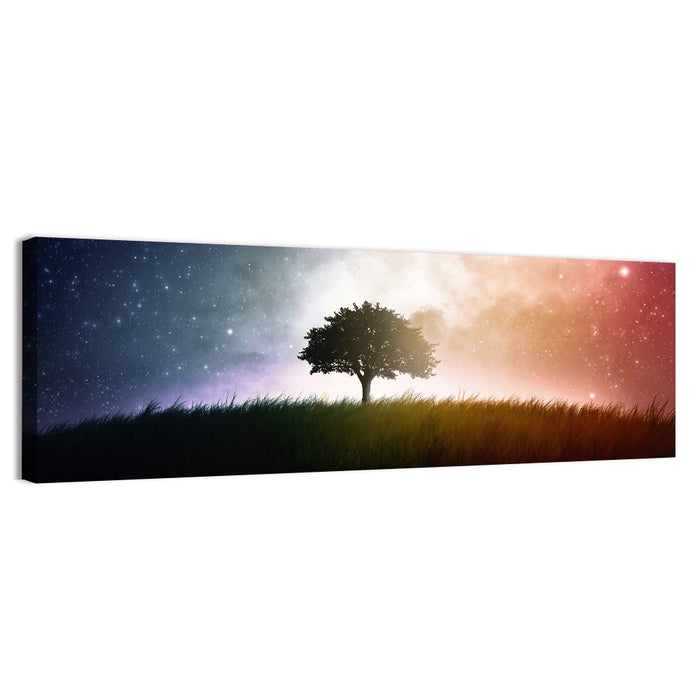 Tree Silhouette Under Nebula Sky Wall Art as a canvas print
