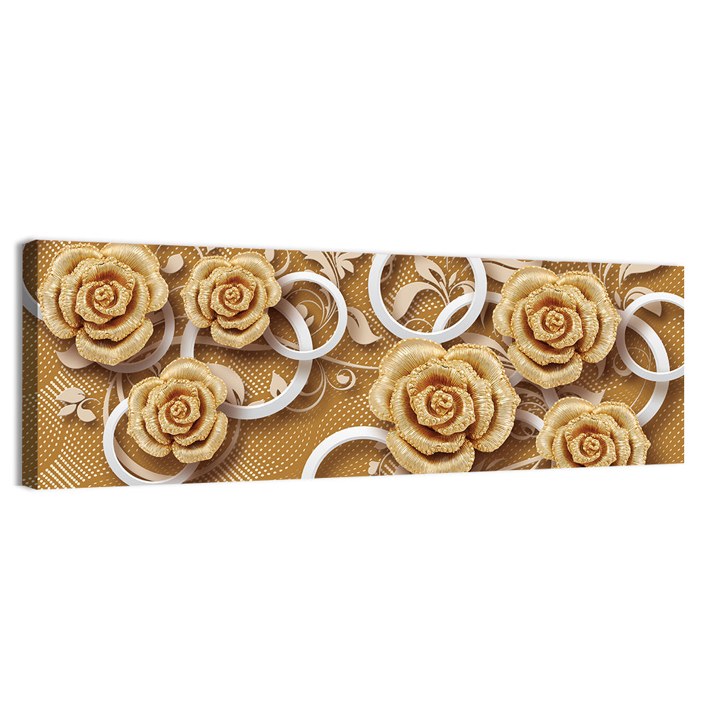 3d Golden Rose Floral Pattern Wall Art, canvas print, panoramic