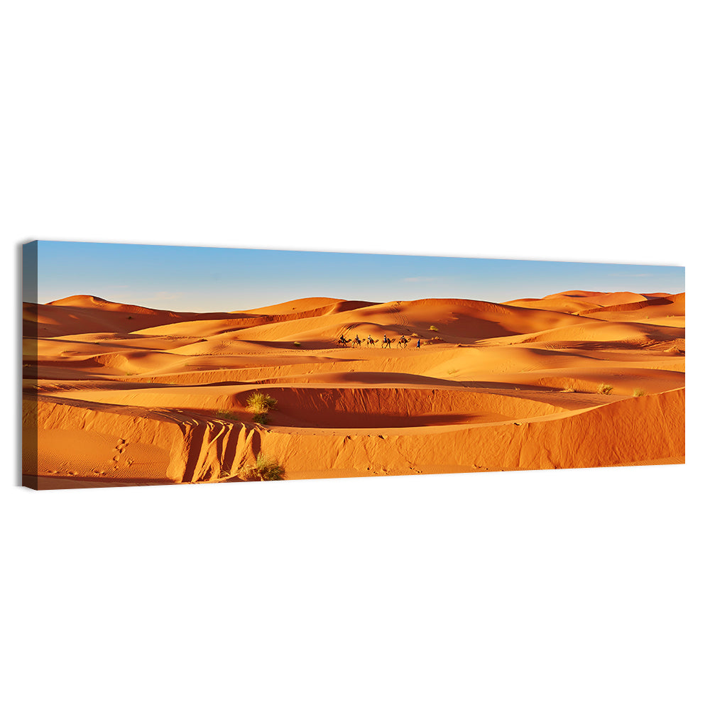 Sunlit Sahara Dunes with Camel Caravan Wall Art, canvas print, panoramic
