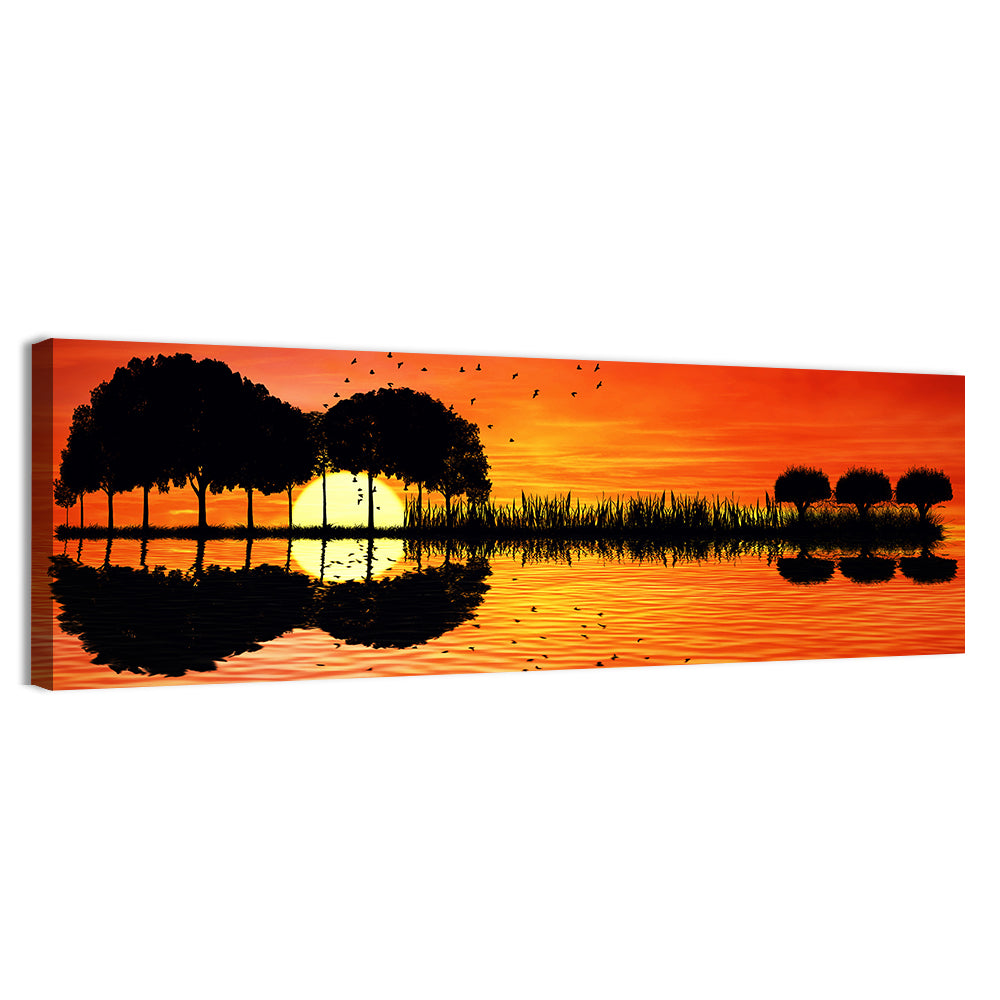 Trees Sunset On Lake Bank Wall Art